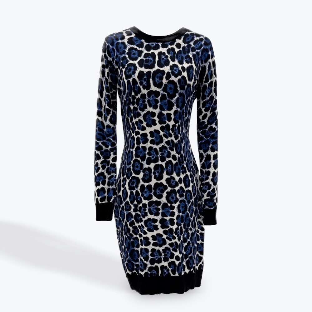 Michael Kors Blue Leopard Print Long Sleeve Knit Dress Womens Small